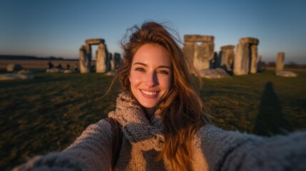 Woman Taking Selfie at Stonehenge During Golden Hour with Warm Sunlight and Historic Stone Circle in Background