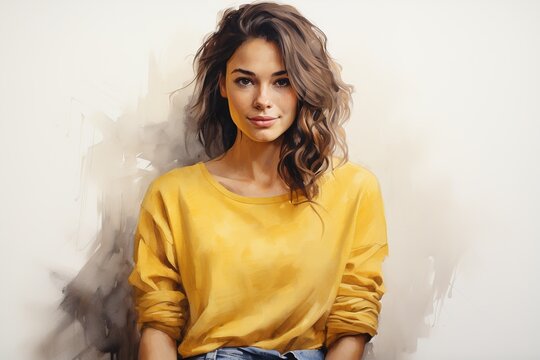 woman in yellow shir posing for photo. painting has soft, dreamy quality to it, with woman's face and yellow shirt being main focus