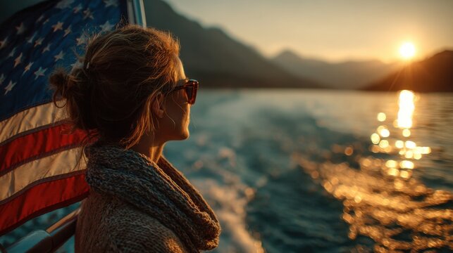 Woman Enjoying Scenic Sunset on a Boat with American Flag in the Background