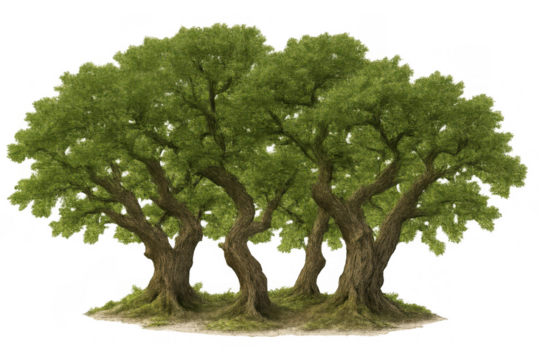 Row of green leafy deciduous trees forming a small grove on a small patch of grass, transparent background