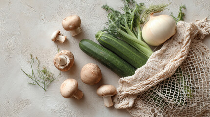 Minimalist grocery items, top view of vegetables in mesh bag on neutral background, eco lifestyle. Generative AI image