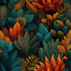 Vibrant Botanical Seamless Pattern with Lush Tropical Leaves and Flowers in Rich Earthy Tones for Textiles and Home Decor