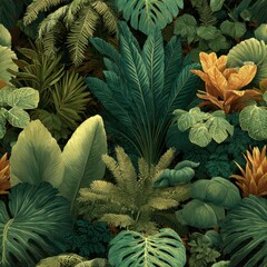 Lush Tropical Foliage Seamless Pattern with Vibrant Green Leaves and Exotic Plants