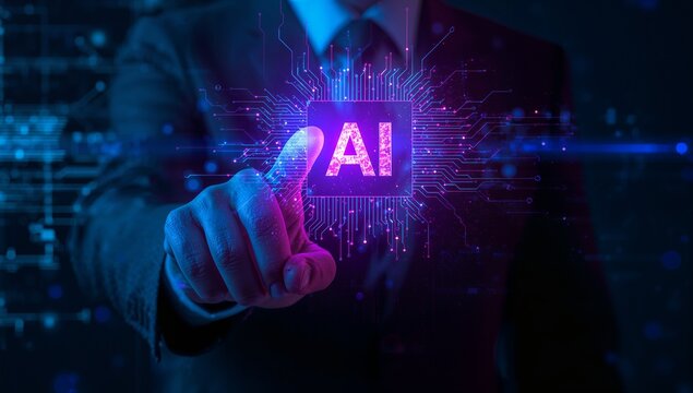 Futuristic AI technology interface controlled by a stylish businessman, representing innovation and digital transformation for the modern world