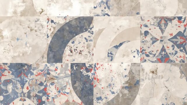Abstract patchwork design with soft textures, combining watercolor-like marks and geometric shapes