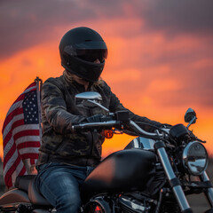 Obraz premium Motorcyclist in Dark Helmet and Camouflage Jacket Riding with American Flag.