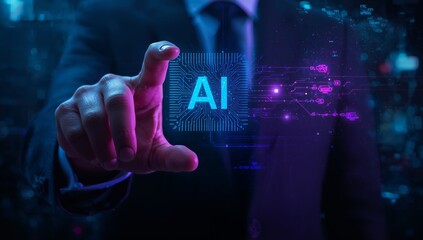 Futuristic AI integration with digital interface, man touching glowing technology for smart solutions in business, innovation, and advanced computing