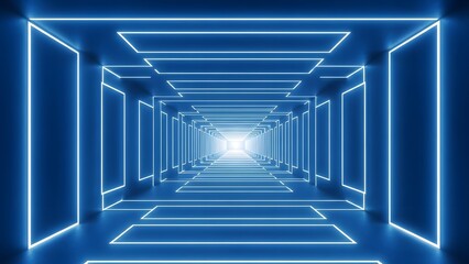 Futuristic blue neon tunnel with perspective glowing light and abstract design