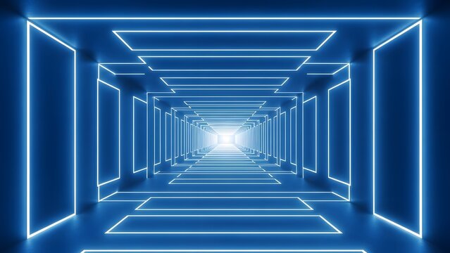 Futuristic blue neon tunnel with perspective glowing light and abstract design