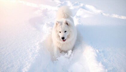 Joyful Samoyed dog frolicking in pristine white snow during winter season