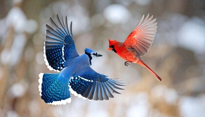 Dynamic confrontation: A blue jay intercepting a cardinal in mid-air combat