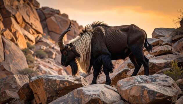 Majestic serow amidst rocky terrain, a testament to wildlife resilience in rugged landscapes