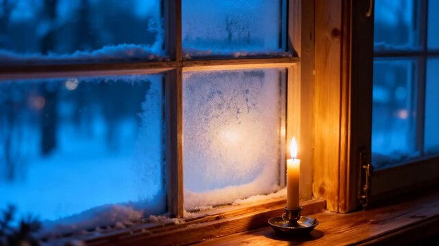 frosted window with candle glowing on wooden sill, warm interior light contrasting cold blue outdoor winter light, perfect for christmas or orthodox new year