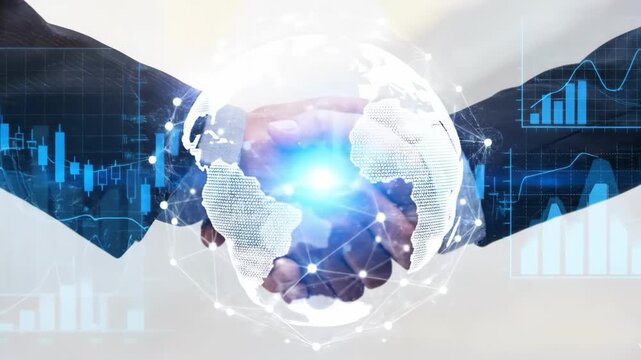 Global Partnership: Symbolizing the unity and synergy of worldwide collaboration, two hands clasped in a firm handshake intertwine with a luminous globe, surrounded by digital charts.