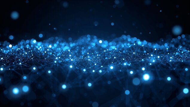 Futuristic glowing network of interconnected points for dynamic technology, science, and business designs with bright blue light and depth of field effects