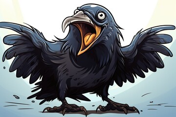 Obraz premium cartoon crow with its beak open and its wings spread out. crow is looking at camera and he is angry or excited
