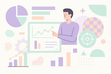 Engaging male analyst presenting insightful data trends on digital tablet against colorful geometric patterns signifying growth and innovation in modern analytics