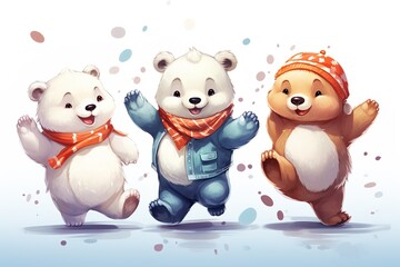 Three cute cartoon bears are playing in snow, one of them wearing blue jacket isolated on white background. They are all smiling and having fun