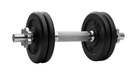 Chrome barbell with black weight plates stacked on each end