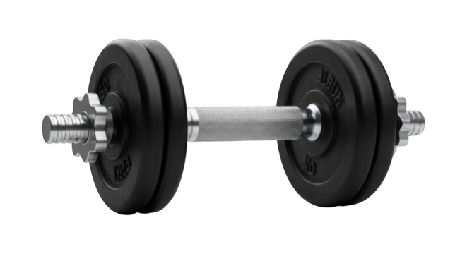Chrome barbell with black weight plates stacked on each end