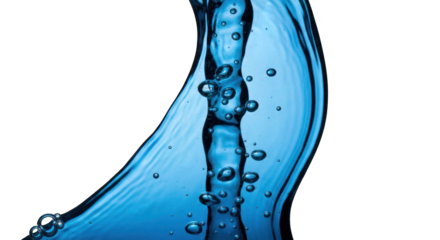 Clear blue water pours, cascades and forms bubbles against a solid black backdrop