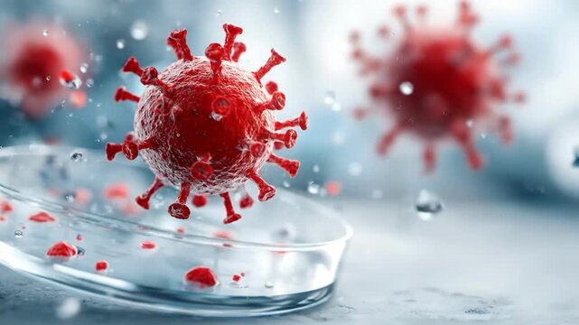 Microscopic Threat: A vivid image of a microscopic virus model, showcasing its intricate structure within a laboratory setting, with scientific precision.