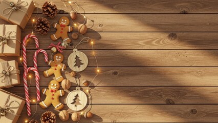 Cozy christmas decorations with gingerbread men and candy canes on rustic wooden background