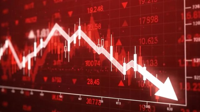 Market Downturn: An impactful visual representation of a declining financial market, using a red backdrop to highlight downward trends, economic uncertainty, and financial distress.