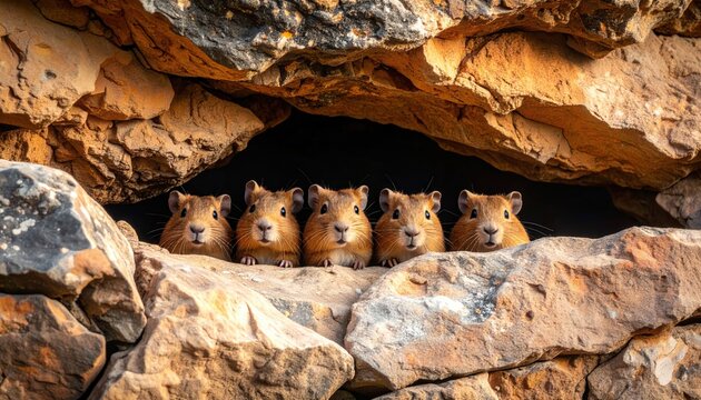 Charming rock hyrax family nestled in a crevice of sun-kissed layered rock