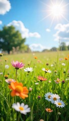 Fototapeta premium A sun-drenched meadow with wildflowers in full bloom, symbolizing the simple joys and carefree contentment of personal happiness , field, flowers