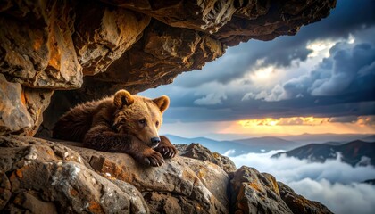 Contemplative bear cub rests under rock ledge with scenic mountain vista