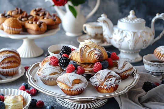 close-up variety of pastries on tray with tea cups and fresh berries. Perfect for illustrating themes of dessert, afternoon tea, culinary enjoyment, hospitality, gourmet food photography
