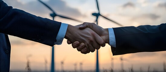Two men shaking hands in a field with wind turbines