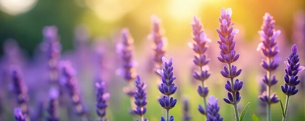 Fototapeta premium Close-up of fragrant lavender flowers, bathed in soft sunlight, exuding a calming, mellow aroma Perfect for aromatherapy, relaxation, and spa themes , beauty, relaxing