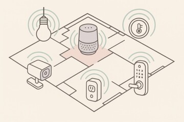 Fototapeta premium Smart home ecosystem showcasing interconnected devices including wireless speaker, smart light bulb, security camera, thermostat, and digital lock in a modern layout promoting innovation and