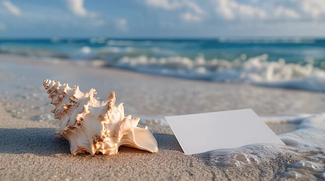 A large, textured seashell rests on the beach near a wave and a blank white card, with a blurred ocean background
