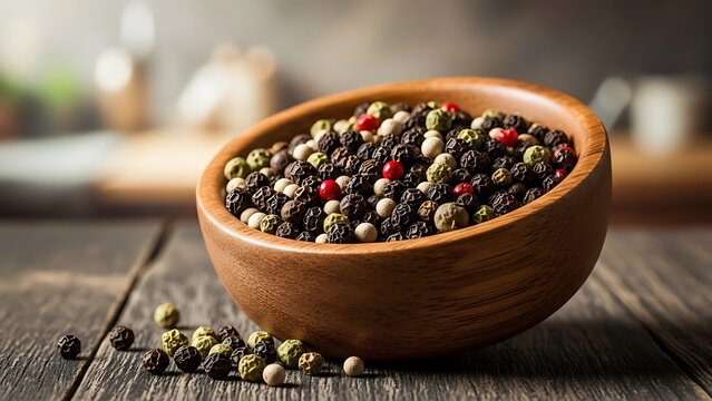 Wooden Bowl Filled with Mixed Peppercorns on Rustic Wooden Surface