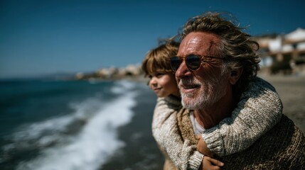 A candid moment capturing a grandfather and grandchild joyfully enjoying their time together at the beach evokes feelings of love, family, and treasured memories under the sun.