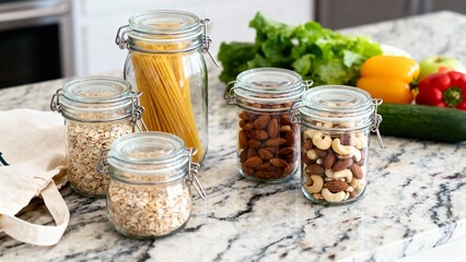 Zero waste kitchen with glass jars and fresh produce