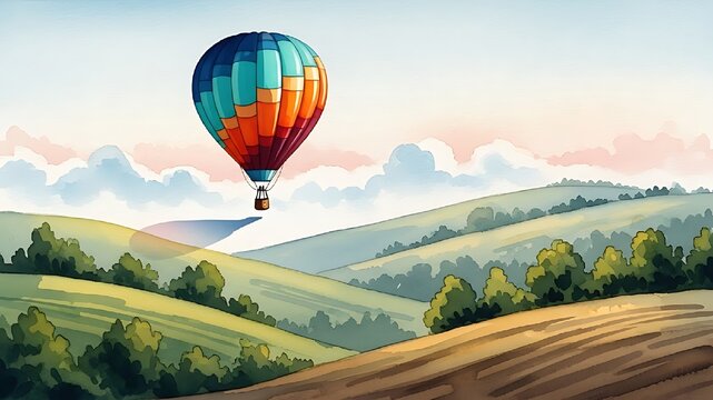 Hot air balloon over rolling hills - Powered by Adobe