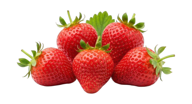 Five ripe strawberries with green stems and leaves, isolated on a dark background
