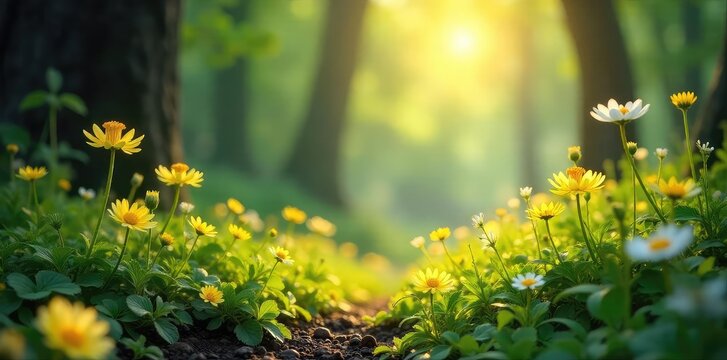 Enchanted fairy scene with delicate yellow wildflowers in a sun-dappled forest, magical whimsical vibe, perfect for fantasy and fairytale themes , nature, legend, sun - Powered by Adobe
