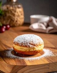 Delicious powdered sugar donut on a wooden board, ready to be enjoyed as a sweet treat or dessert.