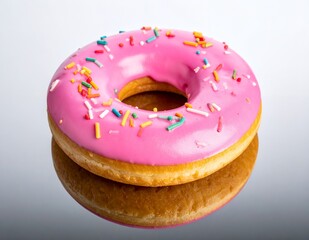 Delicious Pink Frosted Donut with Colorful Sprinkles on Reflective Surface.
