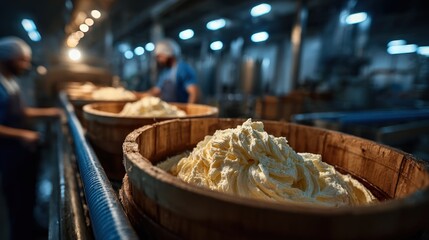 The image showcases freshly churned butter in large wooden containers, emphasizing the artisanal process and the rich texture of the dairy product in a modern processing facility.