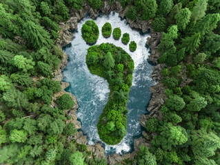 Aerial view of a forest with a river shaped like a footprint made of trees and surrounded by water.