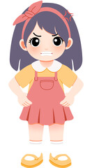 Illustration of a young girl expressing strong frustration with a defiant posture, depicted with furrowed brows and hands on hips, a vibrant cartoon character embodying an upset mood