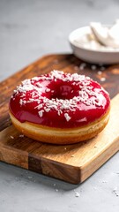 Delicious Raspberry Glazed Donut with White Sprinkles on a Wooden Board.