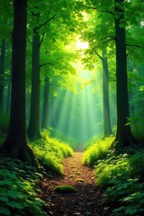 Fototapeta premium Lush green forest canopy bathed in summer sunlight, dappled shadows on the forest floor, vibrant green leaves, sunlight filtering through trees , summer day, woods scene