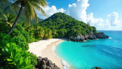 Lush green tropical island paradise with vibrant vegetation, white sand beach, and clear turquoise water Perfect for travel, vacation, and paradise themes , lush vegetation, greenery